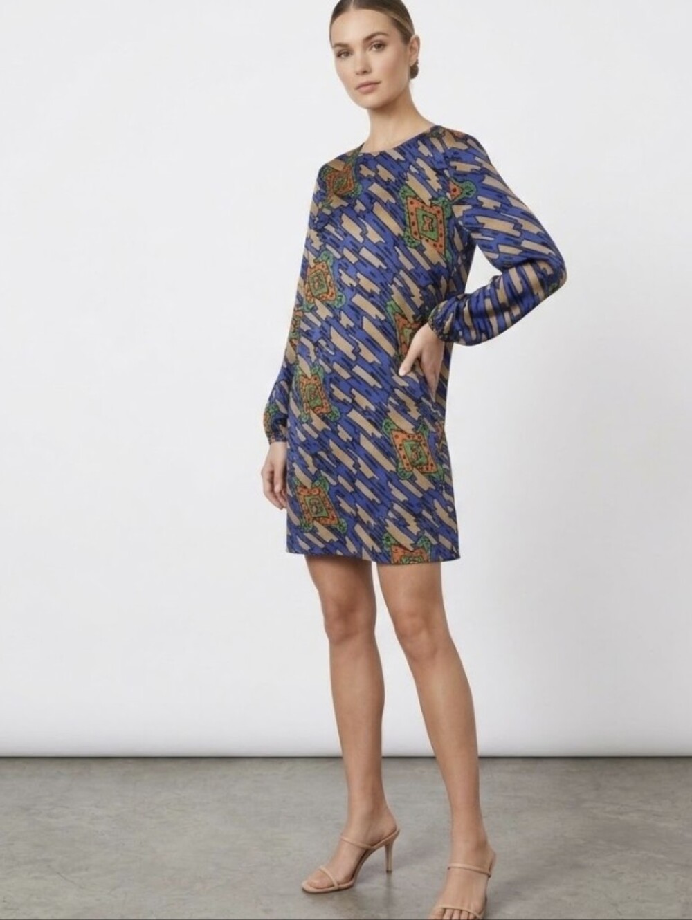 Amanda Uprichard 100% Silk Abstract Print  Dress Long Sleeve Blue Multi Size S